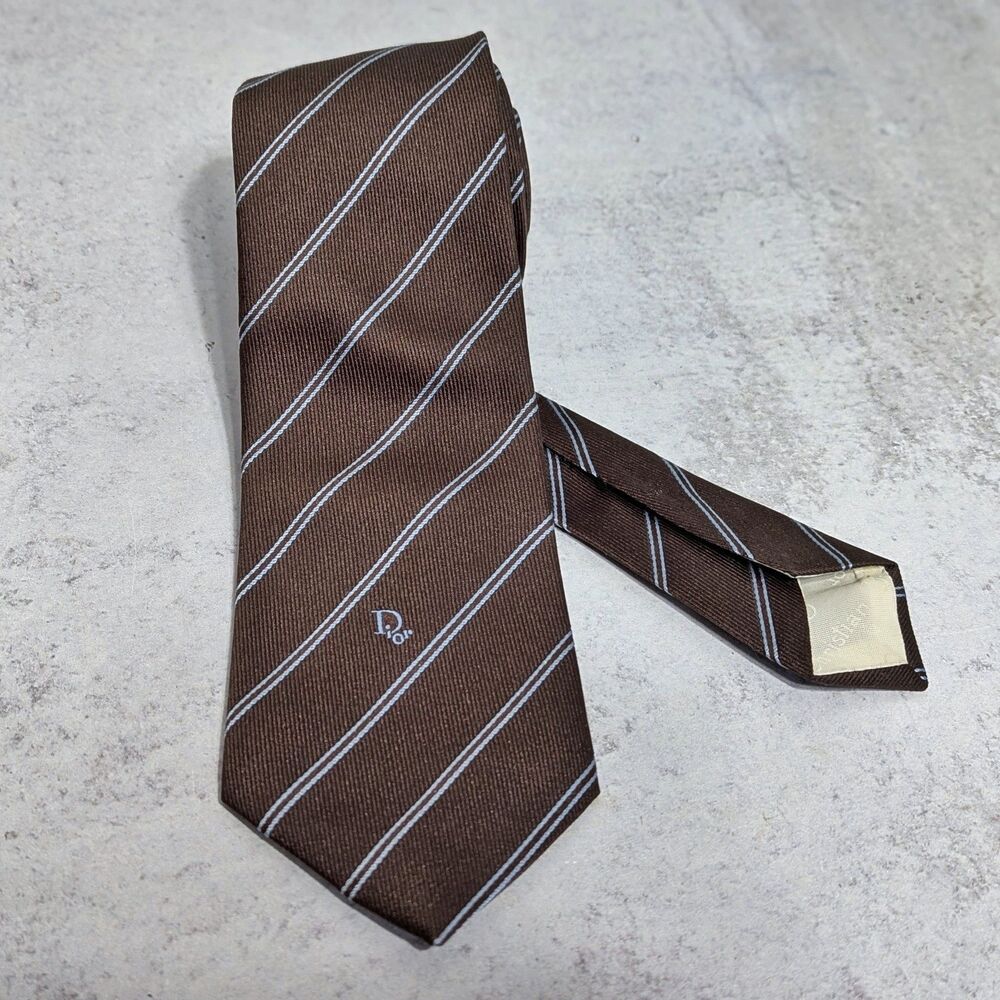Christian Dior Vintage Tie Brown Striped Poly Silk Blend Brown Mid-Width 3.25”